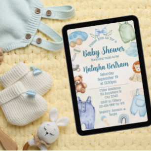 Blaue Wasserfarbe-Spielzeuge und -Kleidung Baby-Pa Einladung