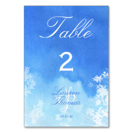 Blaue Wasserfarbe und weiße Blätter Hochzeit Tischnummer