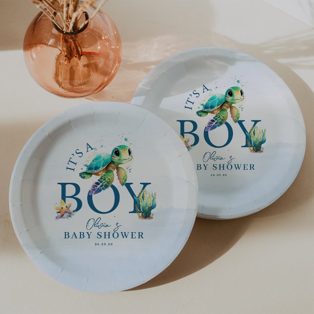 Blaue Wasserfarbe unter der Sea Baby-Dusche Pappteller (Blue Watercolor Under the Sea Baby Shower Paper Plates)