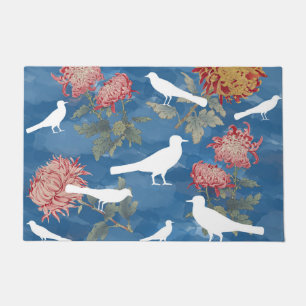 Blaue Wasserfarbe Vintage Blume und Vögel Fußmatte