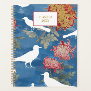 Blaue Wasserfarbe Vintage Blume und Vögel Planer