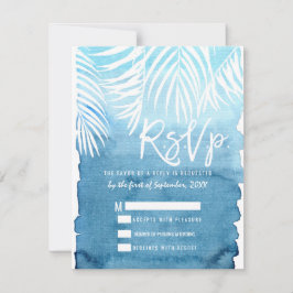 Blaue Wasserfarbe von weißen Palmenblättern RSVP Karte