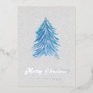 Blaue Wasserfarbe-Weihnachtsbaum Einfach Fröhlich Folien Feiertagskarte