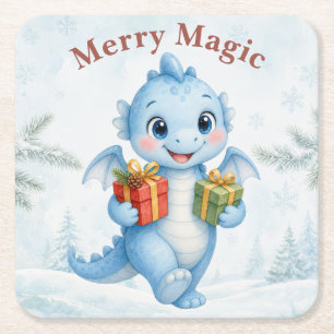 Blaue Wasserfarbe-Weihnachtsdrache Merry Magic Rechteckiger Pappuntersetzer