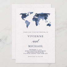 Blaue Wasserfarbe Weltkarte von Weiß | Hochzeit