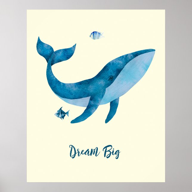 Blaue Wasserfarbe Whale, Inspirationswunder Zitat  Poster (Vorne)