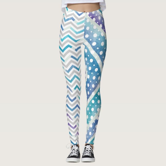 Blaue Wasserfarbe Zickzack, Polka Punkte Leggings (Vorderseite)