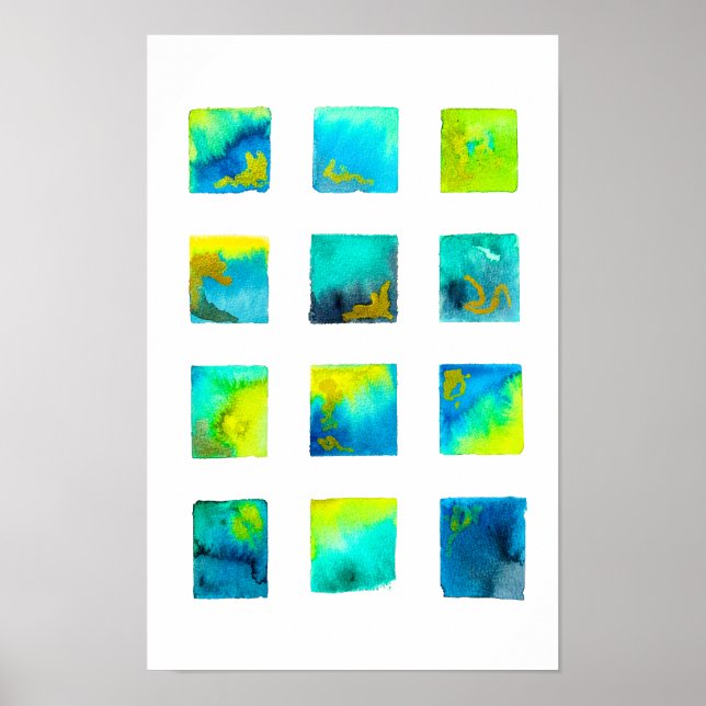 Blaue Wasserfarben-Abstraktion mit Quadraten Poster (Vorne)