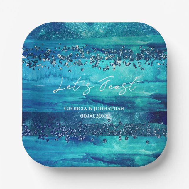 Blaue Wasserfarben am Strand Wassersportaktivitäte Pappteller (Vorderseite)