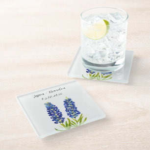 Blaue Wasserfarben-Blumen-Hochzeit Glasuntersetzer