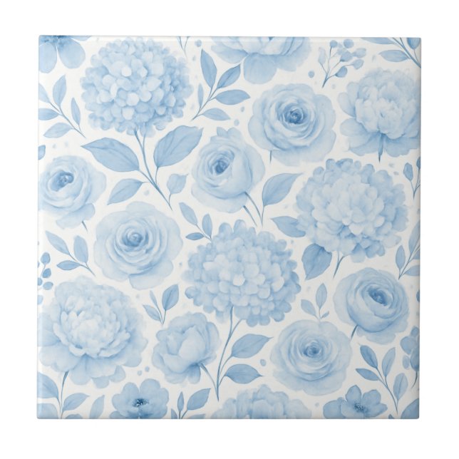 Blaue Wasserfarben-Blumenmuster Fliese (Vorderseite)