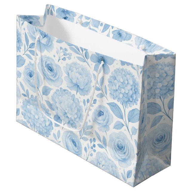 Blaue Wasserfarben-Blumenmuster Große Geschenktüte (Vorderseite Schrägansicht)