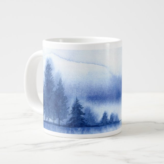 Blaue Wasserfarben-Pinienbäume Jumbo-Tasse (Vorderseite Links)