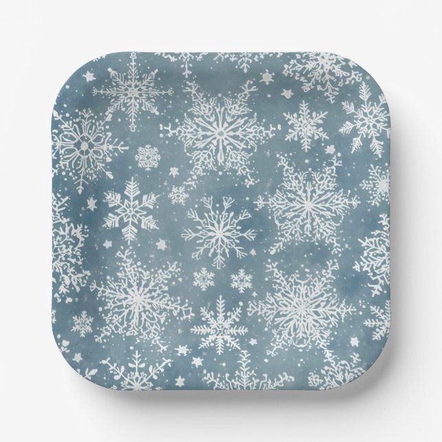 Blaue Wasserfarben-Schneeflocken Winterferien Pappteller (Vorderseite)