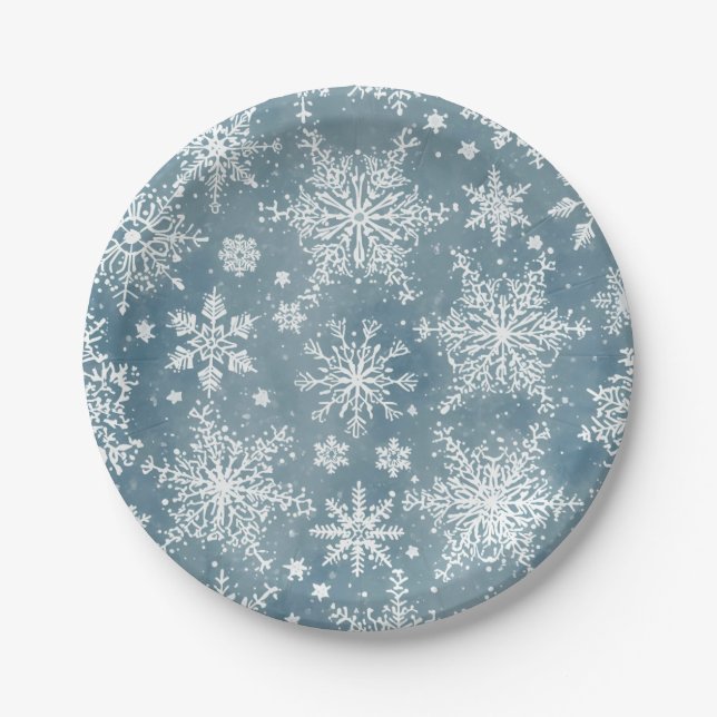 Blaue Wasserfarben-Schneeflocken Winterurlaub Pappteller (Vorderseite)