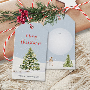 Blaue Wasserfarben-Weihnachtsbaum und Rehkitz-Tags Geschenkanhänger
