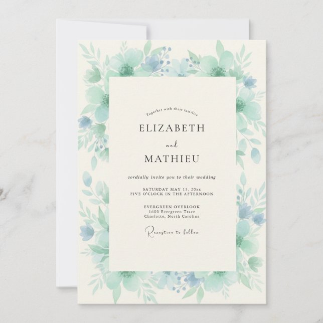 Blaue Wasserfarbene Hochzeit Einladung (Vorderseite)