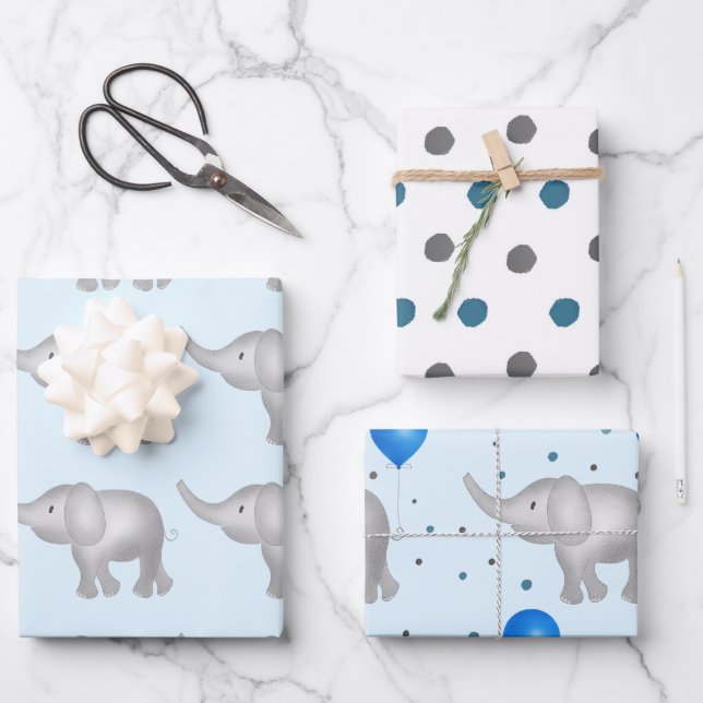Blaue Wasserfarbenelemente und Punktmuster Set 3 Geschenkpapier Set (Vorderseite)