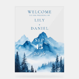 Blaue Wasserfarbengebirge Hochzeitsempfang Acrylschild