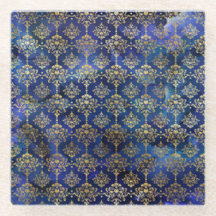 Blaue Wasserfarbenmuster mit goldenem Damast Glasuntersetzer