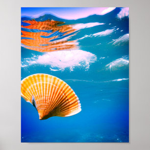 Blaue Wasserwellen Ozean Meeresmuscheln KI Kunst Poster