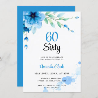 Blaue weiche Bläschen Floral 60. Geburtstag Einladung