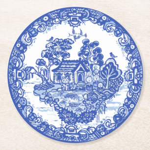 Blaue Weide Glückskatze Koi-Teich China-Tempel Uni Runder Pappuntersetzer