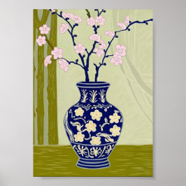 Blaue Weiden-Chinoiserie-Vase & rosa Kirschblüten Poster