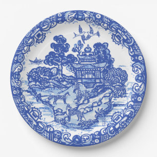 Blaue Weiden-Fuchs-Insel-Asiatische Tempelgarten-K Pappteller