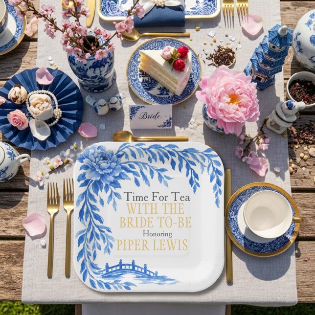 Blaue Weiden-Rosen-Brücke-Teestunde Pappteller (Blue willow Rose bridge Tea Time Paper Plates)