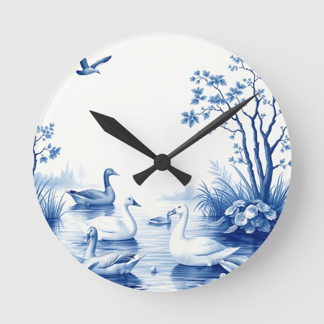Blaue Weiden-Schwanensee-Szene Runde Wanduhr (Vorderseite)