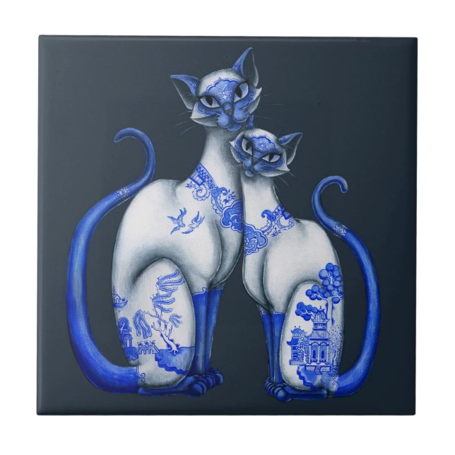Blaue Weiden Siamesen Katzen Fliese (Vorderseite)
