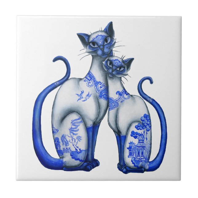 Blaue Weiden Siamesen Katzen Fliese (Vorderseite)