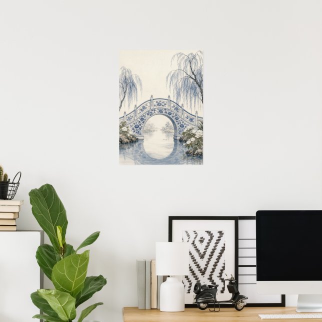Blaue Weidenbrücke Serener Garten Poster (Heimbüro)