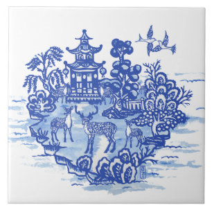 Blaue Weidenhirschherde Antike Pagode Phönix Fliese