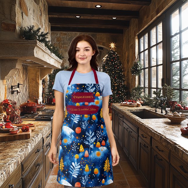 Blaue Weihnachten mit Pilzen, Blätter und Schnee Schürze (Von Creator hochgeladen)