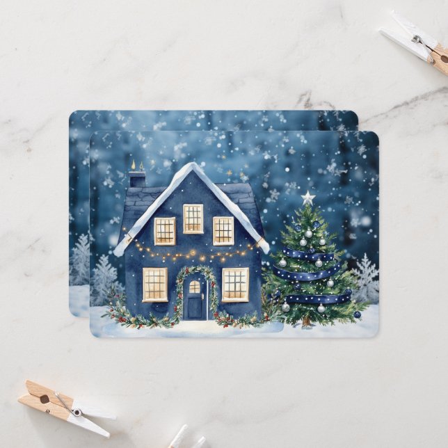 Blaue Weihnachts-Schnee-Winterlandschaft-Haus (Vorderseite/Rückseite Beispiel)