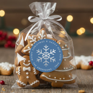 Blaue Weihnachts-Schneeflocke Elegante Faux-Silber Runder Aufkleber
