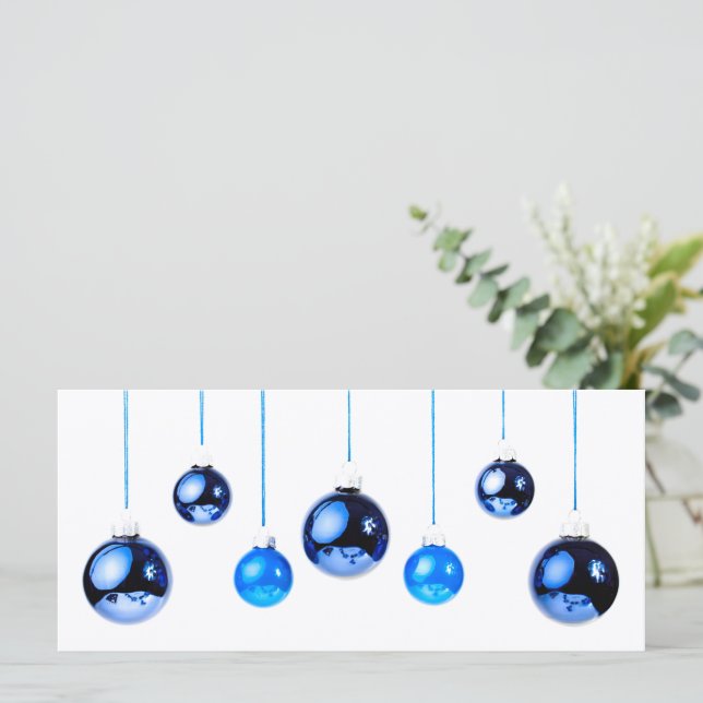 Blaue Weihnachtsbällchen Foto mit Text (Stehend Vorderseite)