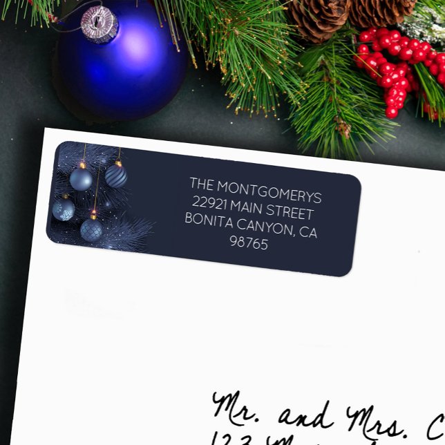 Blaue Weihnachtsbaum- & Ornaments-Rücksendeadresse (Blue Christmas tree and blue ornaments return address labels)