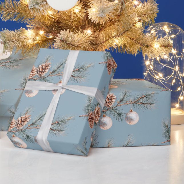 Blaue Weihnachtsbaum Zapfen Ornamente   Geschenkpapier (Feiertage)