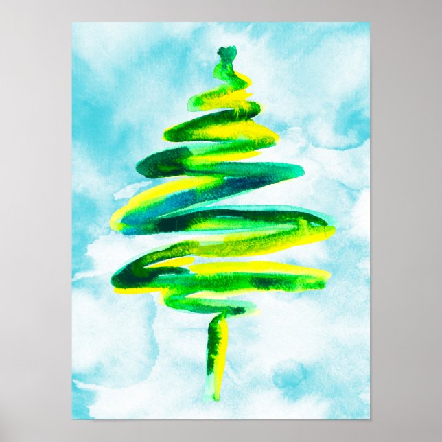 Blaue Weihnachtsbaume abstraktes Aquarellkronenpos Poster (Vorne)