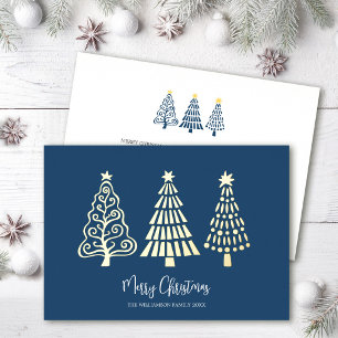 Blaue Weihnachtsbäume mit echtem Gold Schriftname Folien Feiertagskarte