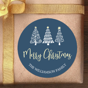 Blaue Weihnachtsbäume Skript Name Whimsical Runder Aufkleber
