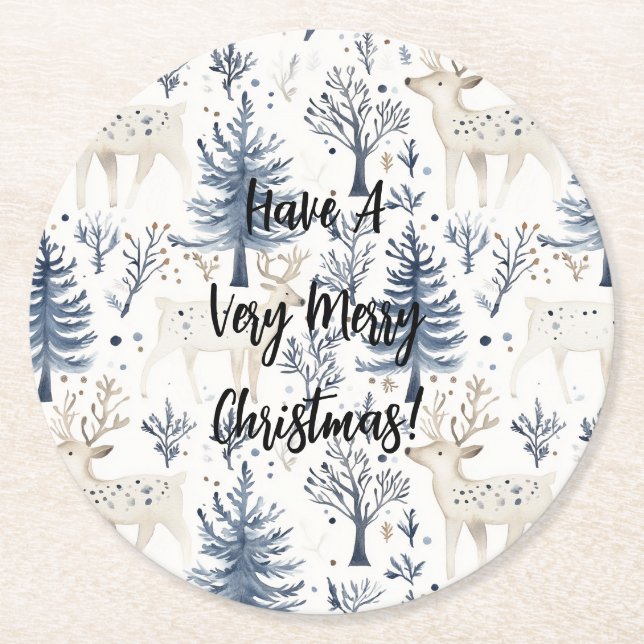 Blaue Weihnachtsbäume Weiße Hirsche Runder Pappuntersetzer (Vorderseite)