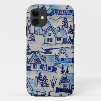 Blaue Weihnachtsdorf-Dekoration im Vintage-Stil iPhone 11 Hülle