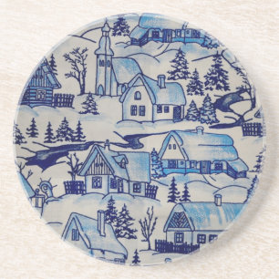 Blaue Weihnachtsdorf-Dekoration im Vintage-Stil Getränkeuntersetzer