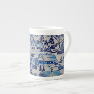 Blaue Weihnachtsdorf-Dekoration im Vintage-Stil Prozellantasse