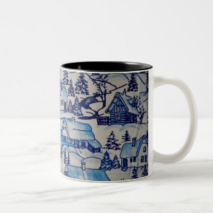 Blaue Weihnachtsdorf-Dekoration im Vintage-Stil Zweifarbige Tasse