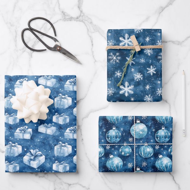 Blaue Weihnachtsfeier Geschenkpapier Set (Vorderseite)